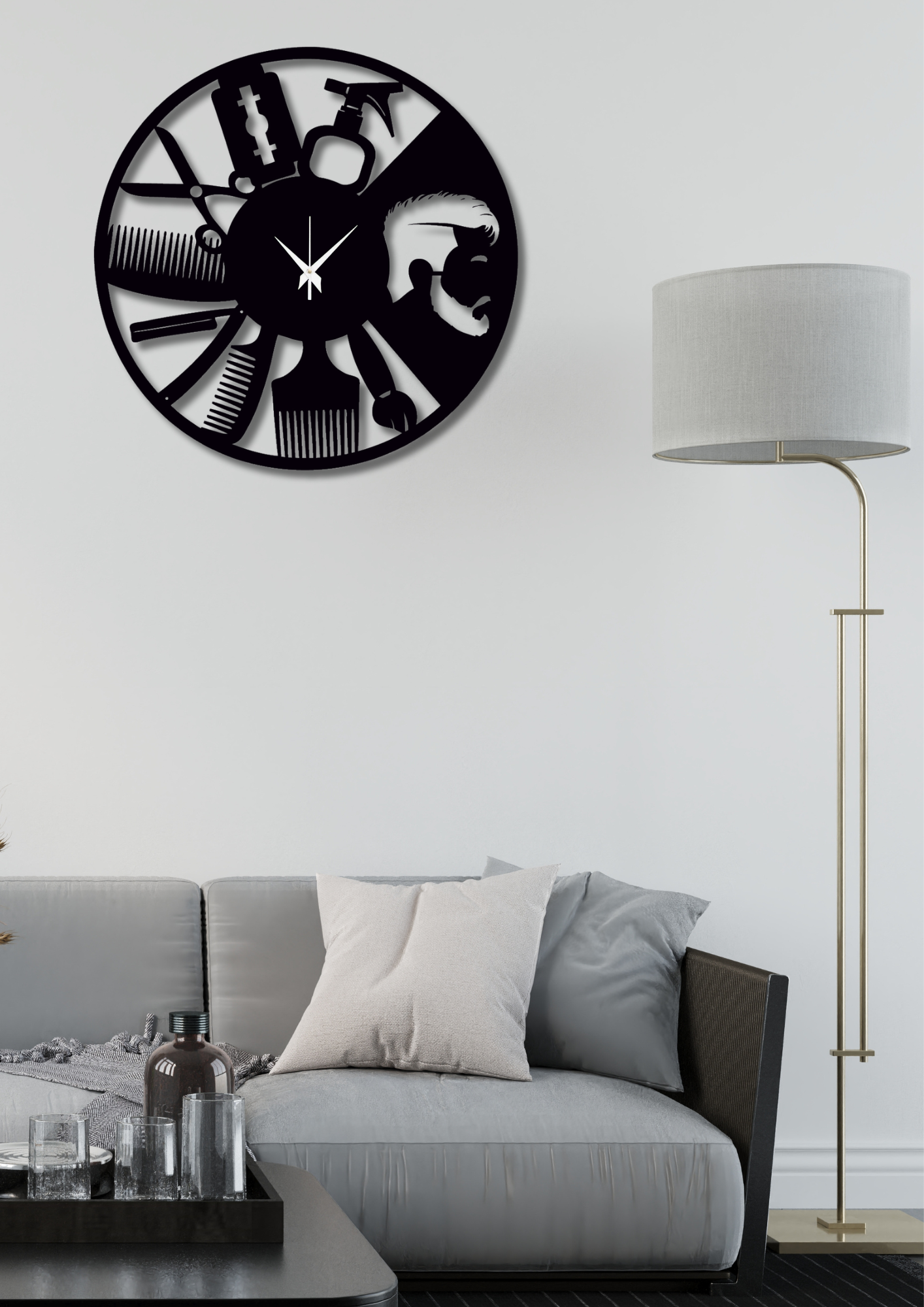 Barber Theme 15-Inch Wooden MDF Wall Clock - Ghar Khoobsoorat