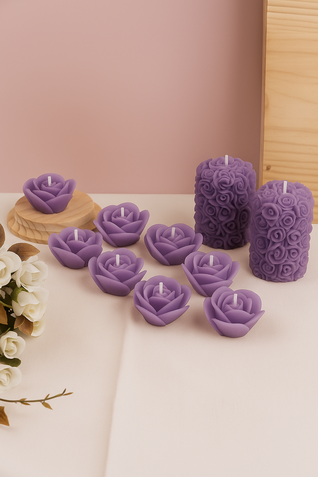 Purple Soy Wax Flower Candles Set – 8 Floating Rose Candles & 2 Pillar Candles - Ghar Khoobsoorat
