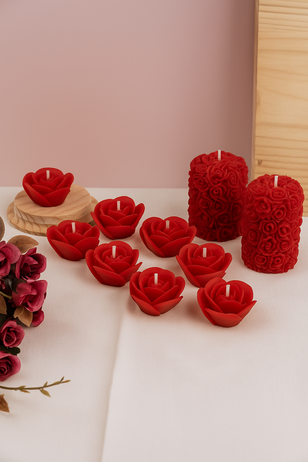 Red Soy Wax Flower Candles Set – 8 Floating Rose Candles & 2 Pillar Candles - Ghar Khoobsoorat