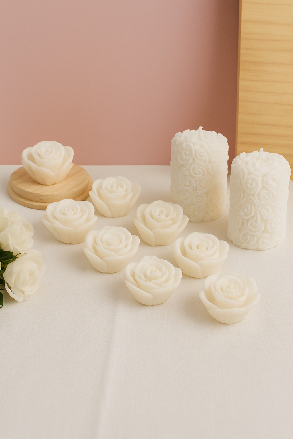 White Soy Wax Flower Candles Set – 8 Floating Rose Candles & 2 Pillar Candles - Ghar Khoobsoorat